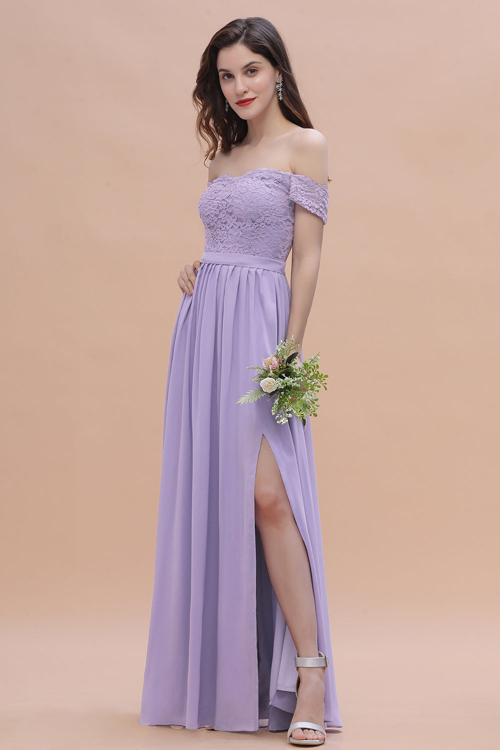 Off-the-Shoulde Lace Chiffon A-Line Bridesmaid Dress With Slit