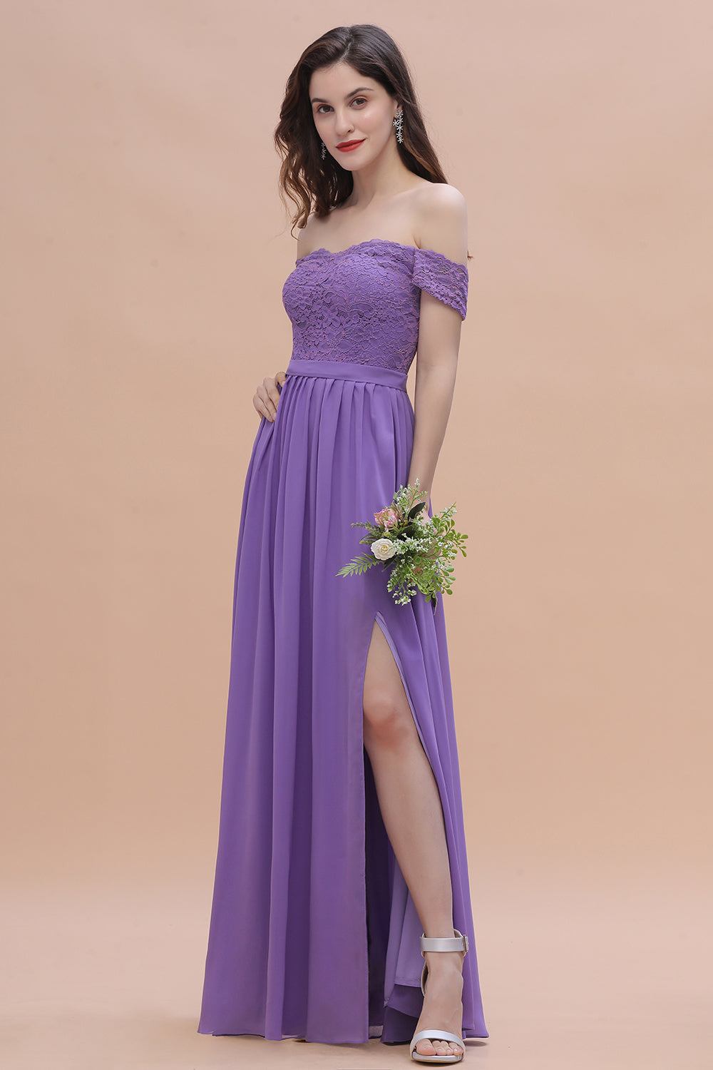 Off-the-Shoulde Lace Chiffon A-Line Bridesmaid Dress With Slit