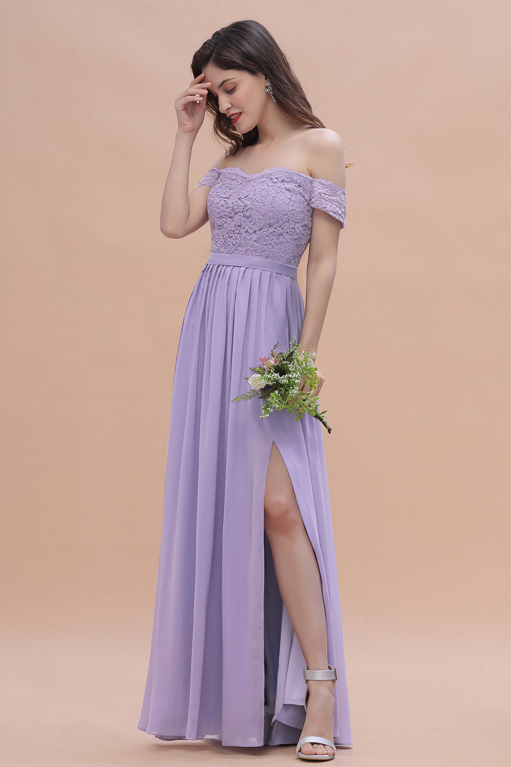 Off-the-Shoulde Lace Chiffon A-Line Bridesmaid Dress With Slit