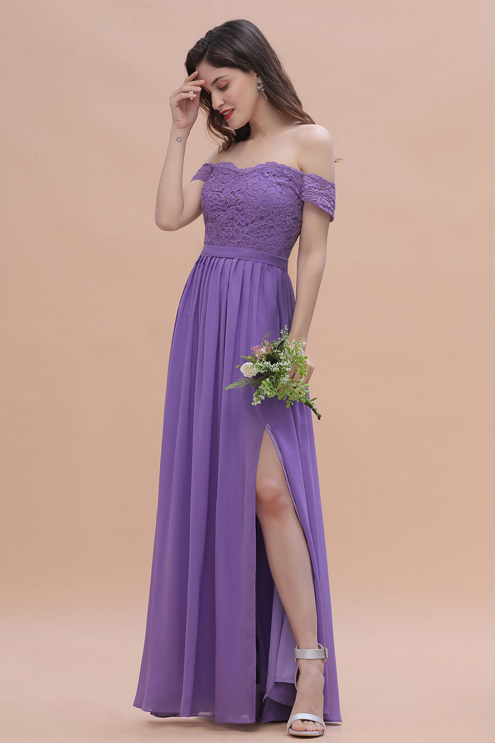 Off-the-Shoulde Lace Chiffon A-Line Bridesmaid Dress With Slit