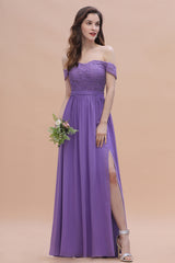Off-the-Shoulde Lace Chiffon A-Line Bridesmaid Dress With Slit