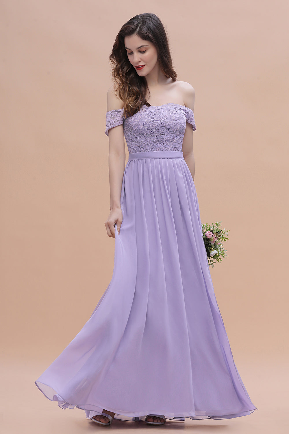 Off-the-Shoulde Lace Chiffon A-Line Bridesmaid Dress With Slit