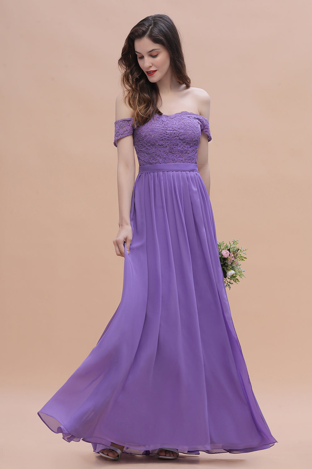 Off-the-Shoulde Lace Chiffon A-Line Bridesmaid Dress With Slit