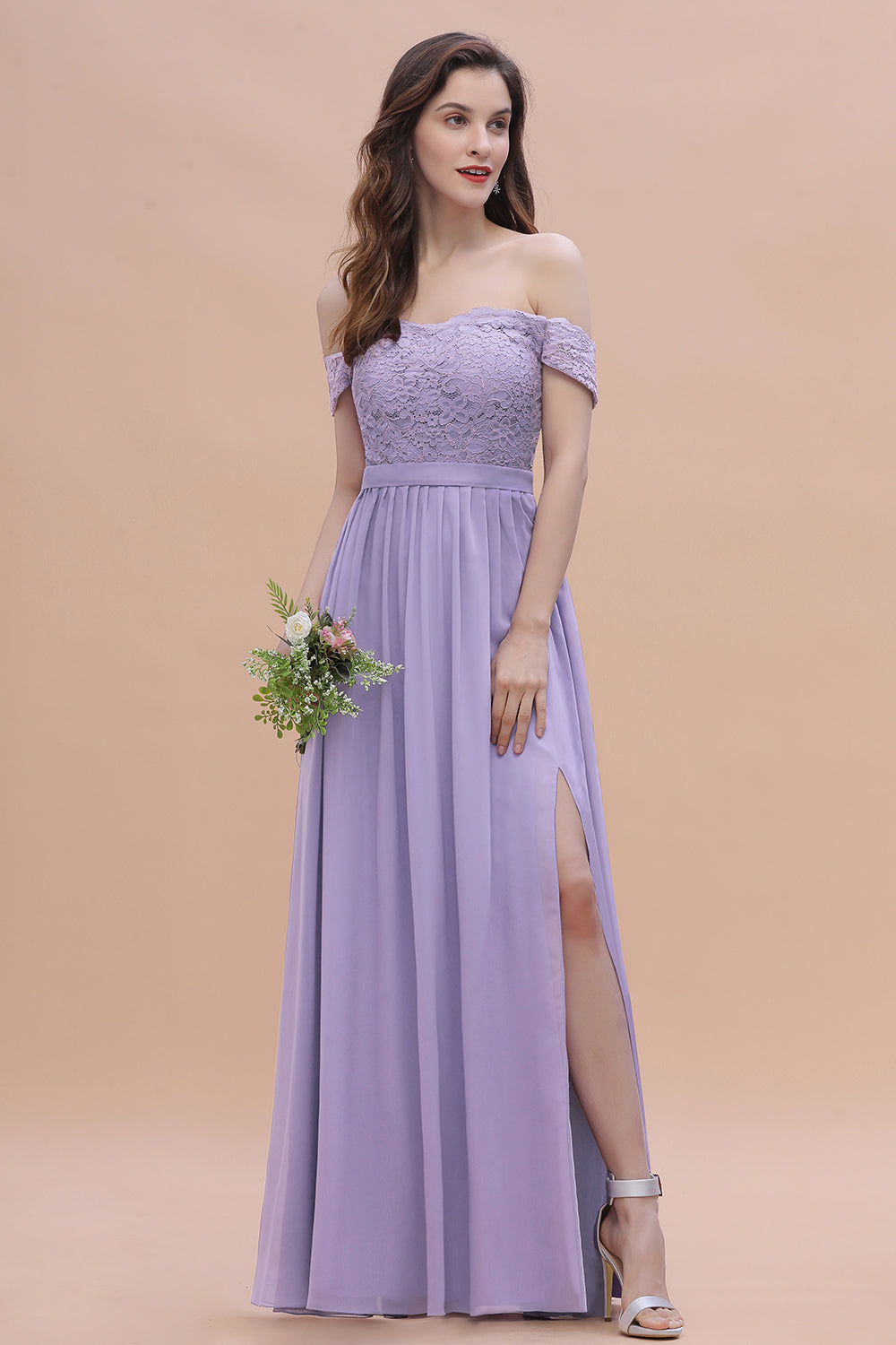 Off-the-Shoulde Lace Chiffon A-Line Bridesmaid Dress With Slit