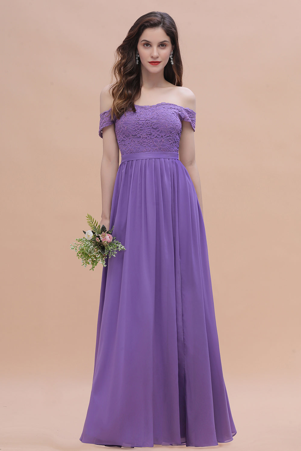 Off-the-Shoulde Lace Chiffon A-Line Bridesmaid Dress With Slit