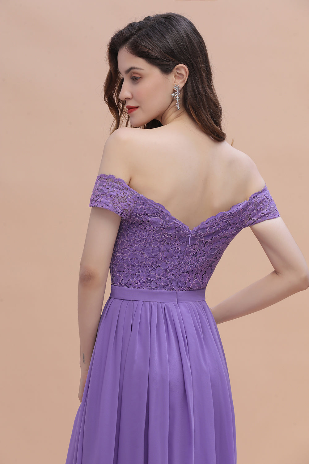 Off-the-Shoulde Lace Chiffon A-Line Bridesmaid Dress With Slit