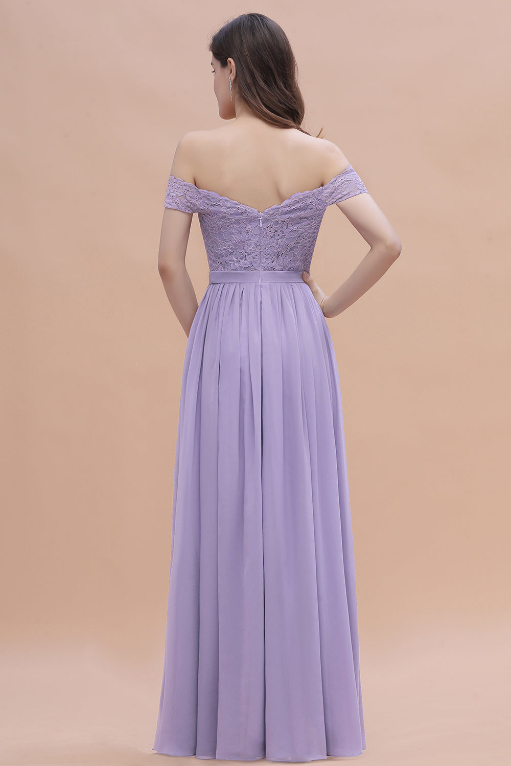 Off-the-Shoulde Lace Chiffon A-Line Bridesmaid Dress With Slit