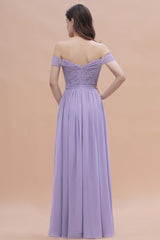 Off-the-Shoulde Lace Chiffon A-Line Bridesmaid Dress With Slit