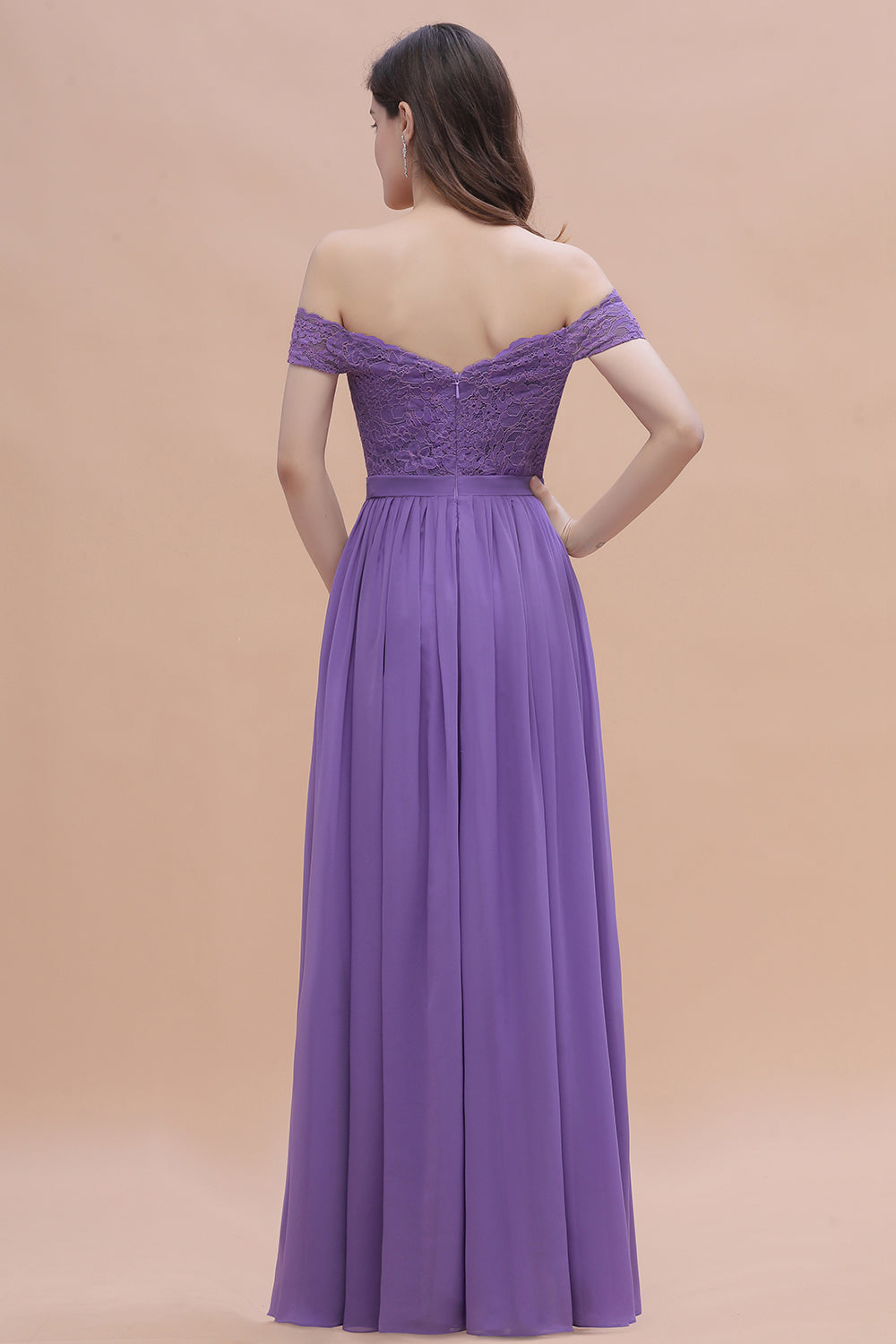 Off-the-Shoulde Lace Chiffon A-Line Bridesmaid Dress With Slit