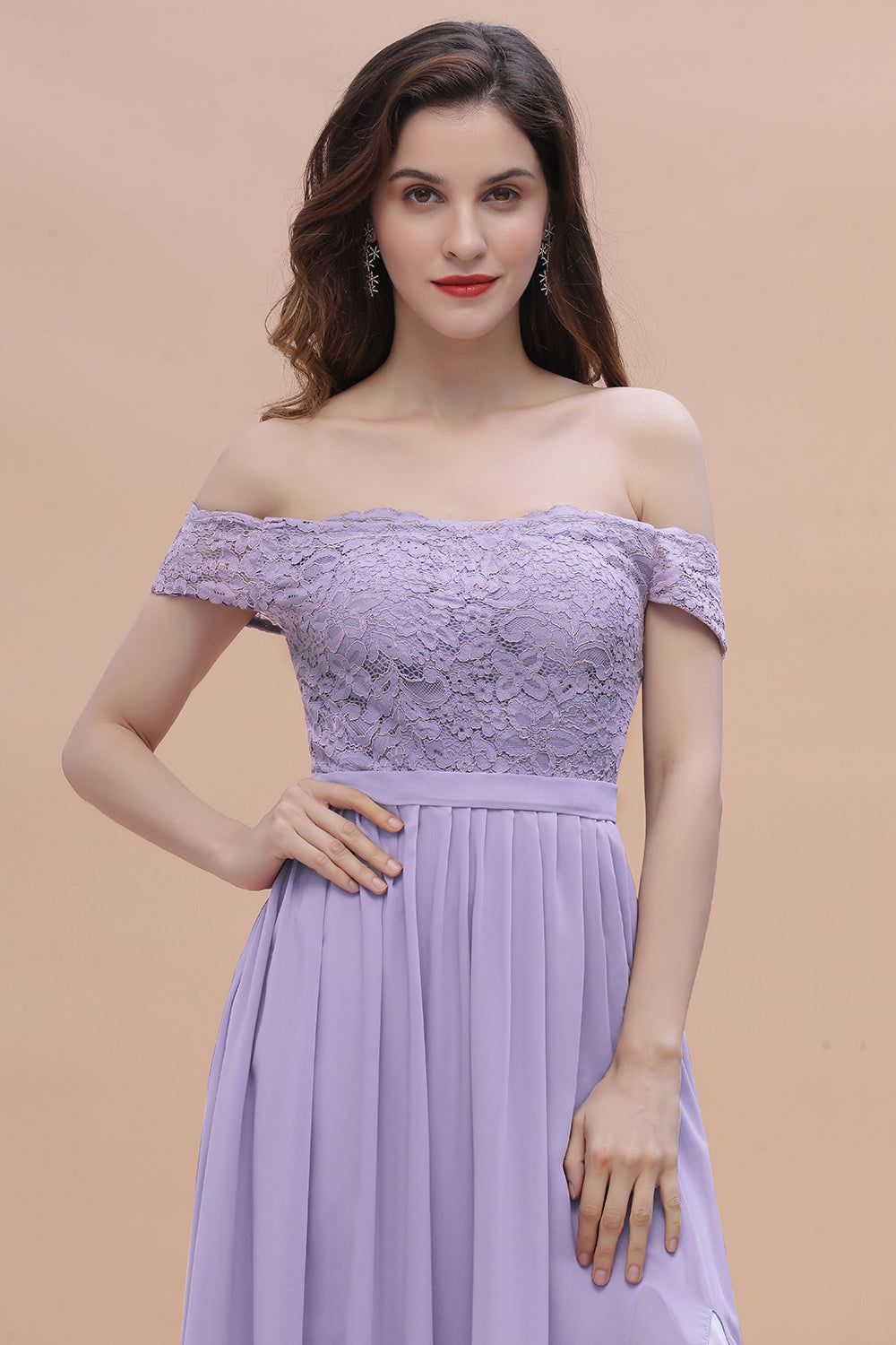 Off-the-Shoulde Lace Chiffon A-Line Bridesmaid Dress With Slit