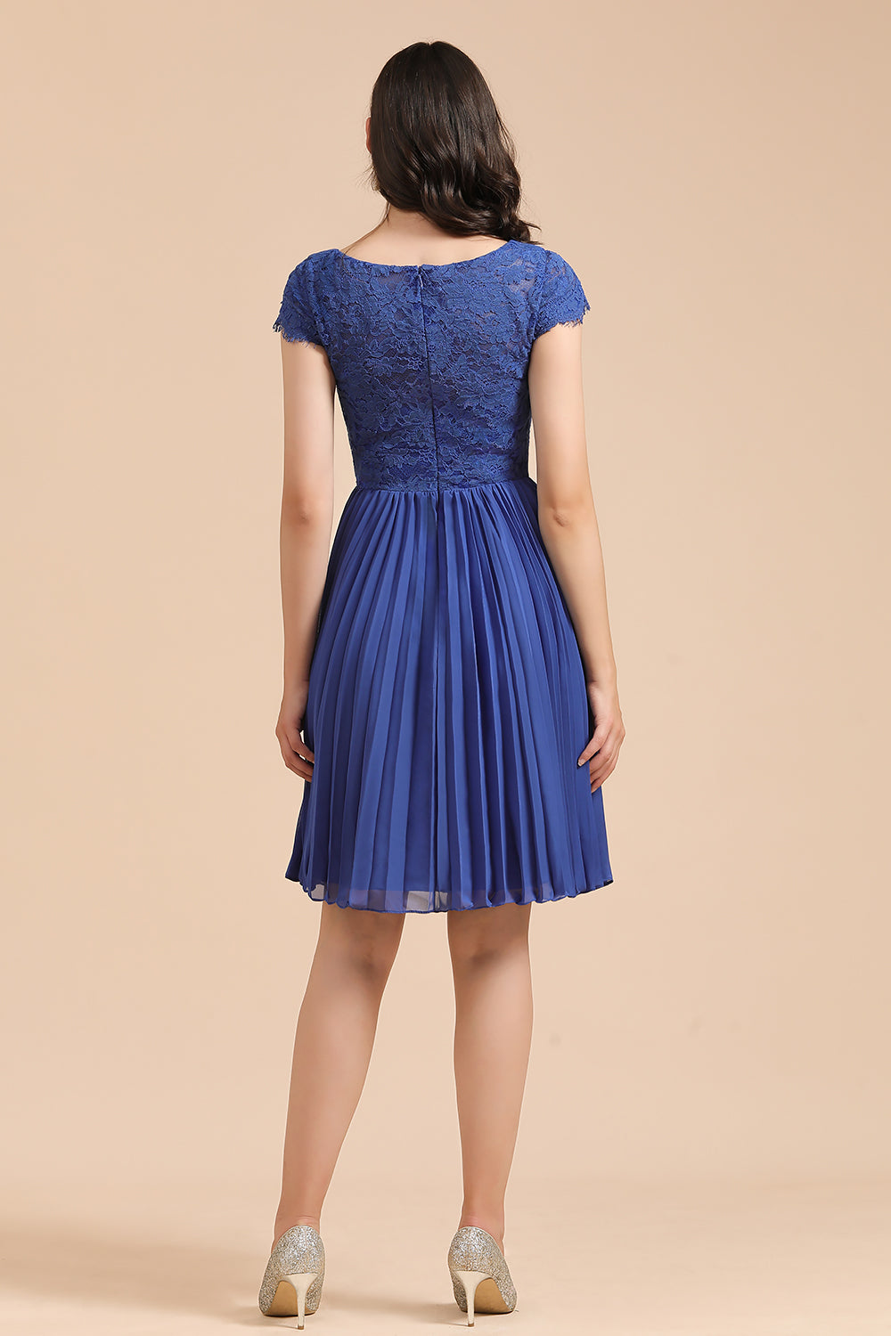 Royal Blue Lace Short Sleeve Knee Length Bridesmaid Dress