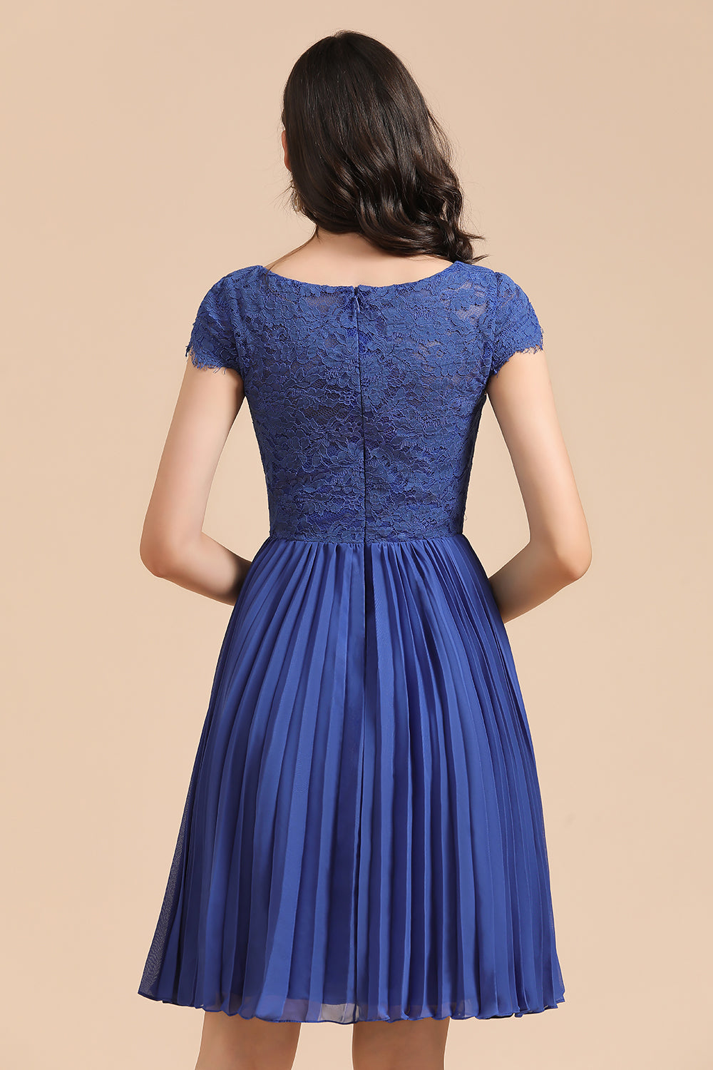 Royal Blue Lace Short Sleeve Knee Length Bridesmaid Dress
