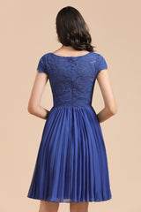 Royal Blue Lace Short Sleeve Knee Length Bridesmaid Dress