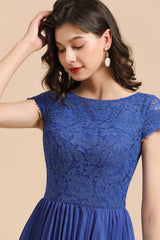 Royal Blue Lace Short Sleeve Knee Length Bridesmaid Dress