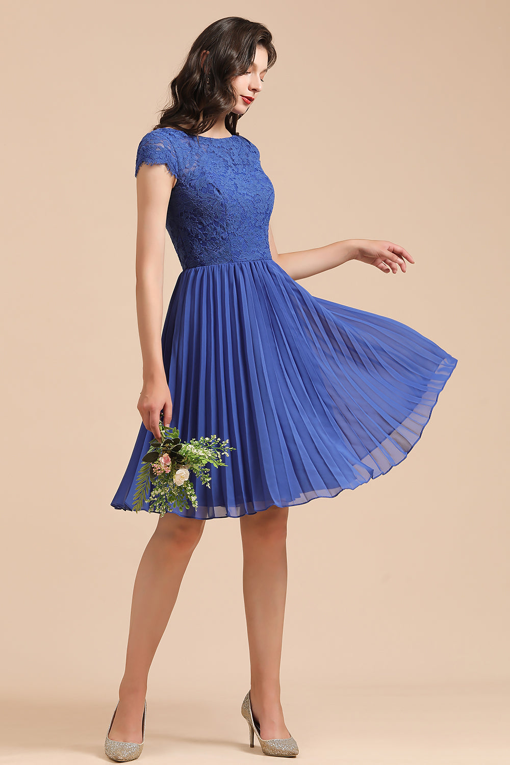 Royal Blue Lace Short Sleeve Knee Length Bridesmaid Dress