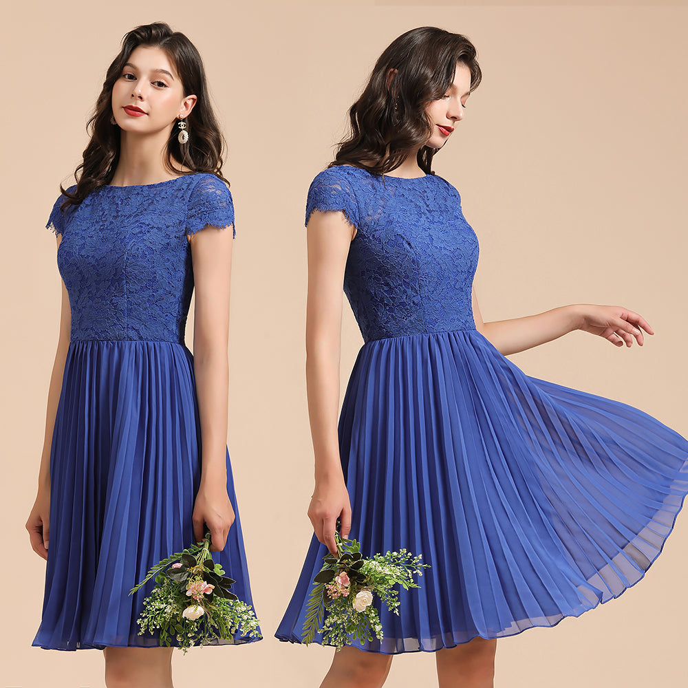 Royal Blue Lace Short Sleeve Knee Length Bridesmaid Dress