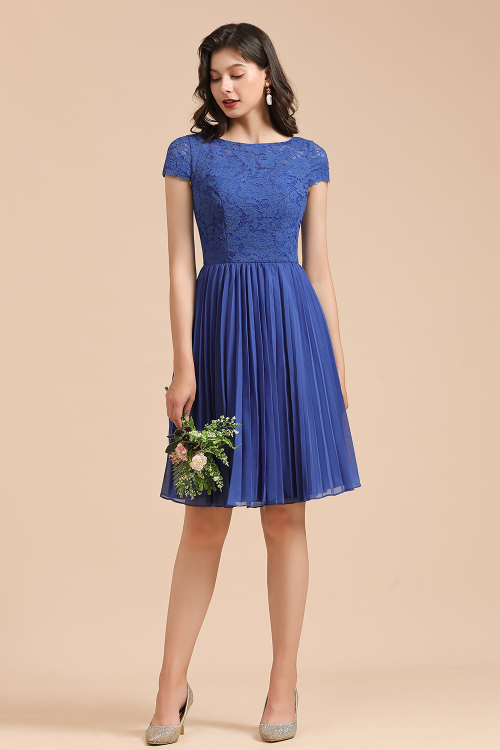 Royal Blue Lace Short Sleeve Knee Length Bridesmaid Dress