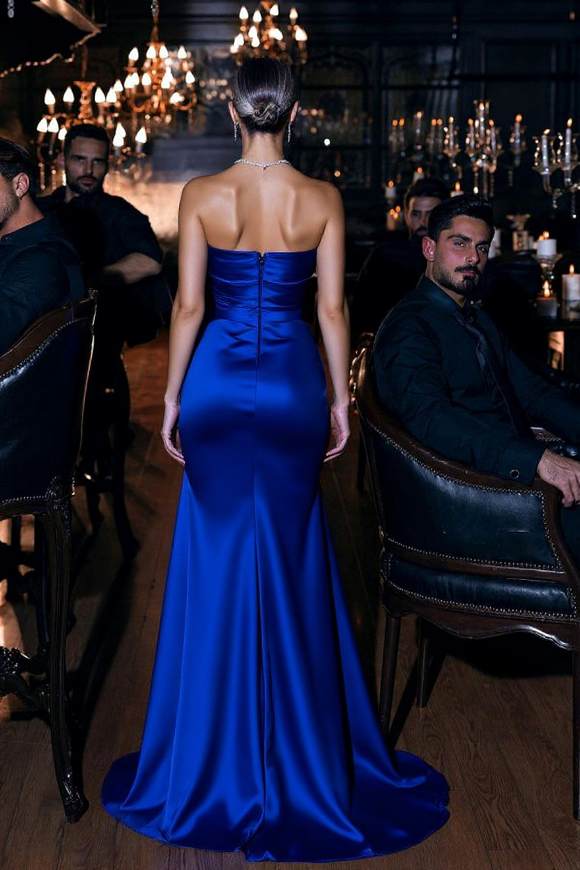 Royal Blue Long Satin Strapless Mermaid Prom Dress With Side Slit