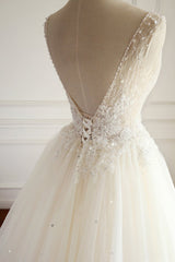 Long A-line V-neck Beads Backless Tulle Ivory Lace Wedding Dresses