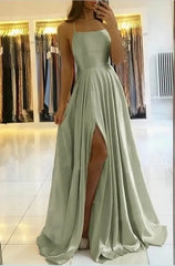 Sage A-line Spaghetti Straps Satin Open Back Long Prom Dress with Side Slit