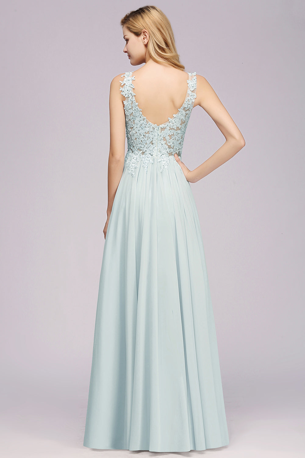 Sexy Chiffon Beaded Lace V-Neck Sleeveless Long Bridesmaid Dress