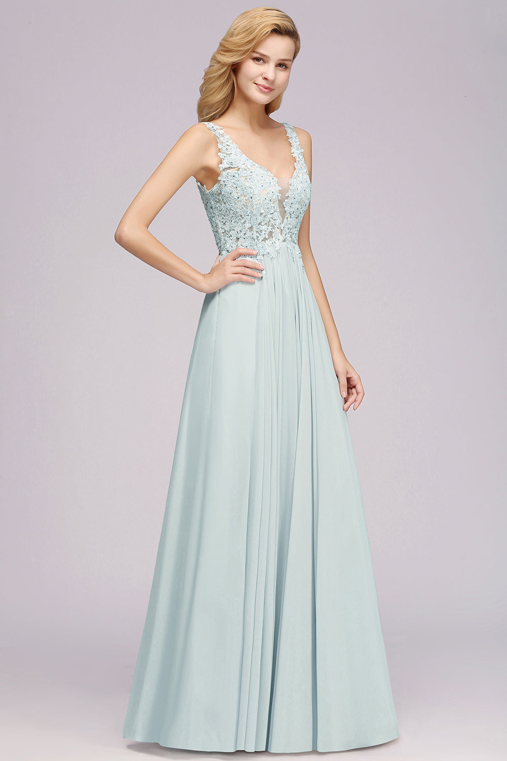 Sexy Chiffon Beaded Lace V-Neck Sleeveless Long Bridesmaid Dress
