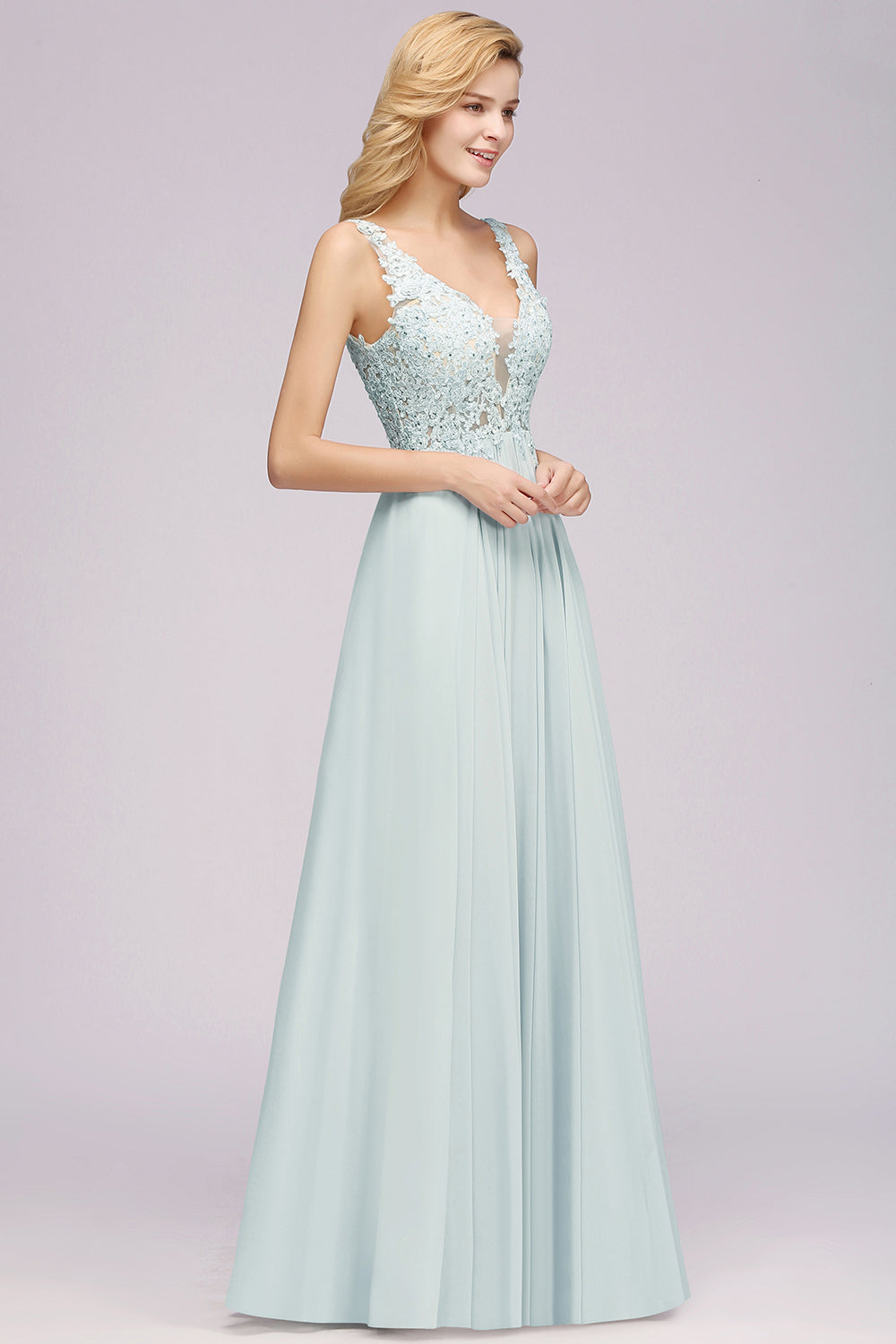 Sexy Chiffon Beaded Lace V-Neck Sleeveless Long Bridesmaid Dress