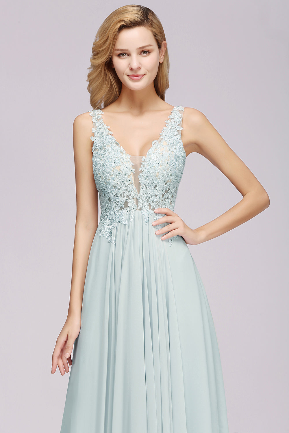 Sexy Chiffon Beaded Lace V-Neck Sleeveless Long Bridesmaid Dress