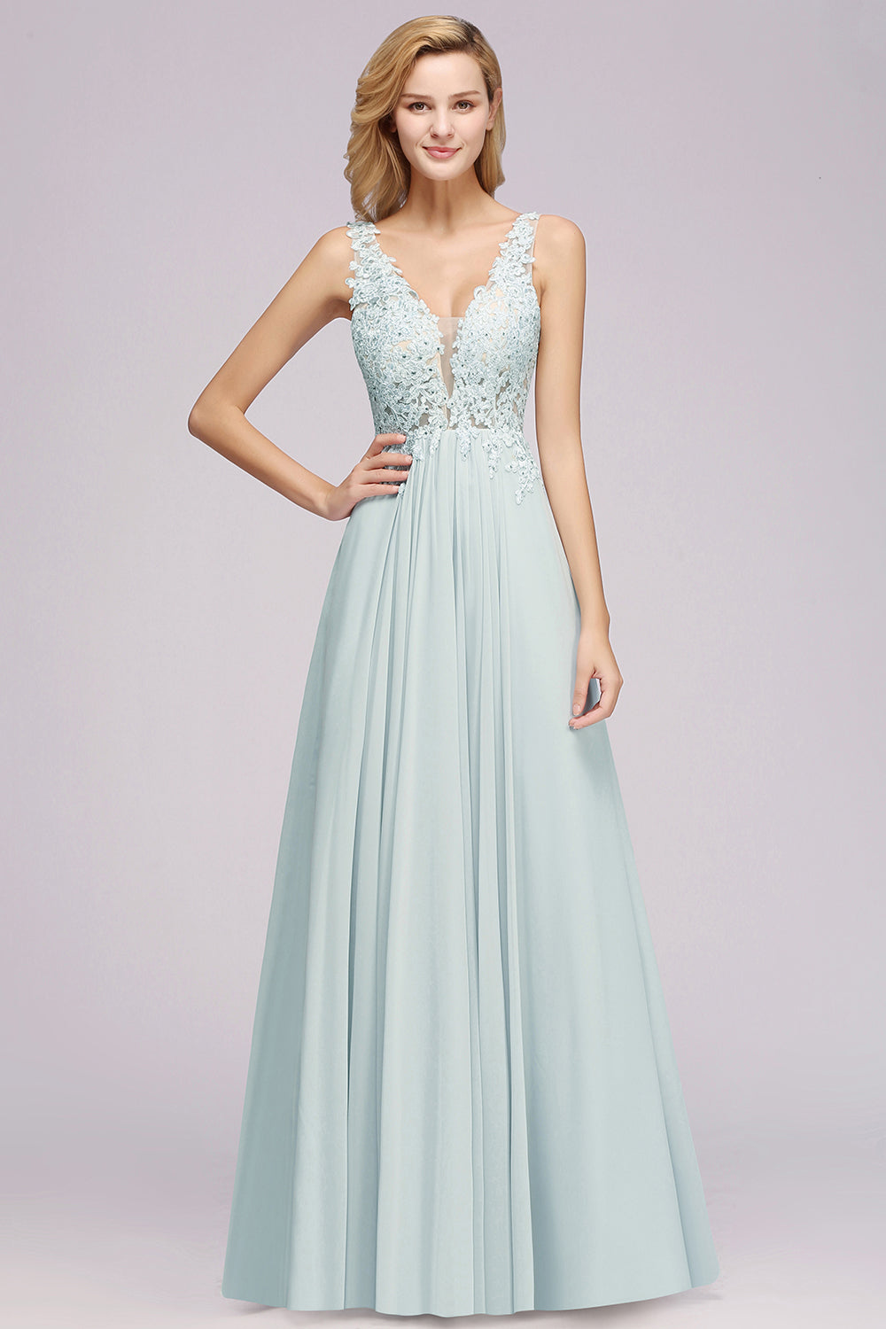 Sexy Chiffon Beaded Lace V-Neck Sleeveless Long Bridesmaid Dress