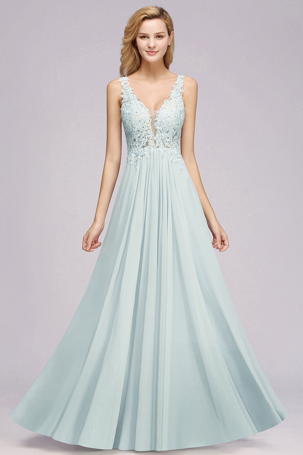 Sexy Chiffon Beaded Lace V-Neck Sleeveless Long Bridesmaid Dress