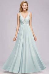 Sexy Chiffon Beaded Lace V-Neck Sleeveless Long Bridesmaid Dress