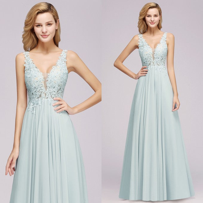 Sexy Chiffon Beaded Lace V-Neck Sleeveless Long Bridesmaid Dress
