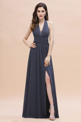 Sexy Halter Deep V-neck A-Line Chiffon Floor Length Bridesmaid Dress