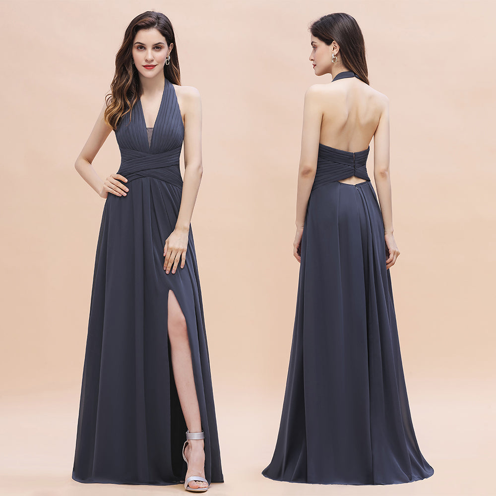 Sexy Halter Deep V-neck A-Line Chiffon Floor Length Bridesmaid Dress