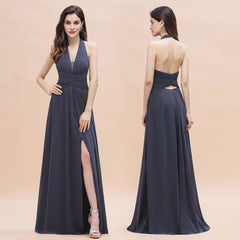Sexy Halter Deep V-neck A-Line Chiffon Floor Length Bridesmaid Dress