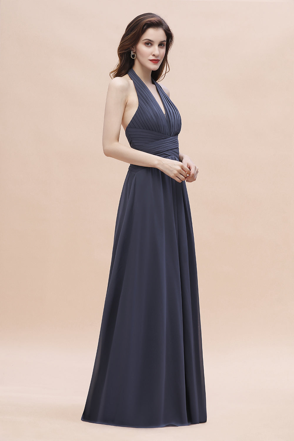 Sexy Halter Deep V-neck A-Line Chiffon Floor Length Bridesmaid Dress
