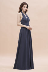 Sexy Halter Deep V-neck A-Line Chiffon Floor Length Bridesmaid Dress