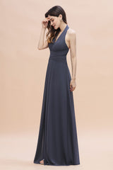 Sexy Halter Deep V-neck A-Line Chiffon Floor Length Bridesmaid Dress