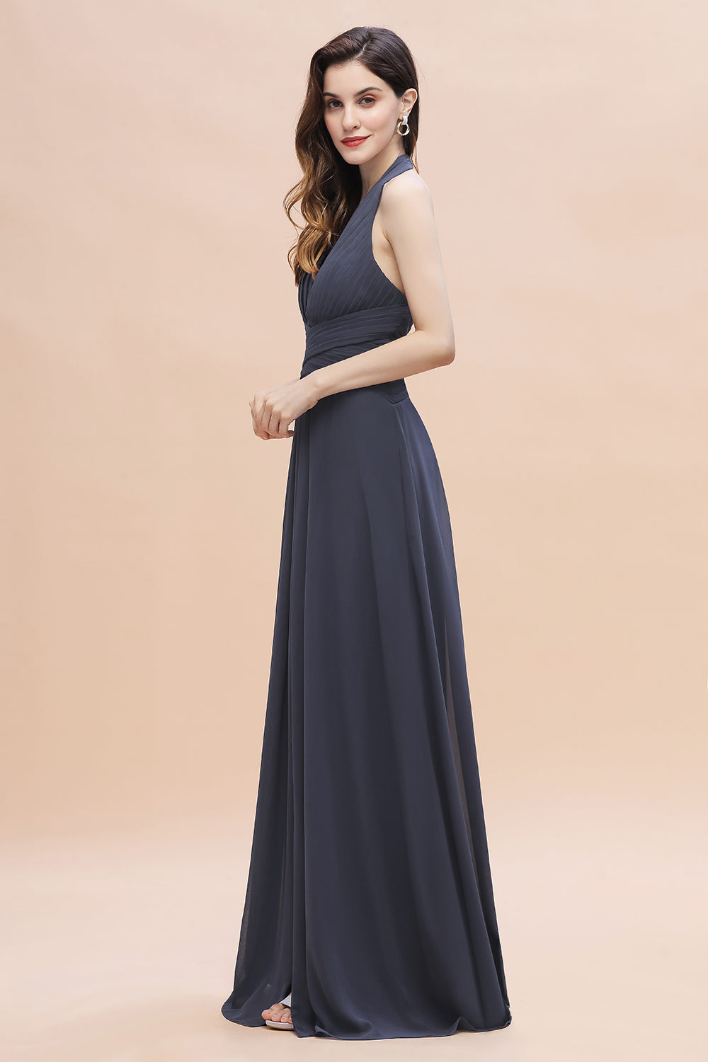 Sexy Halter Deep V-neck A-Line Chiffon Floor Length Bridesmaid Dress