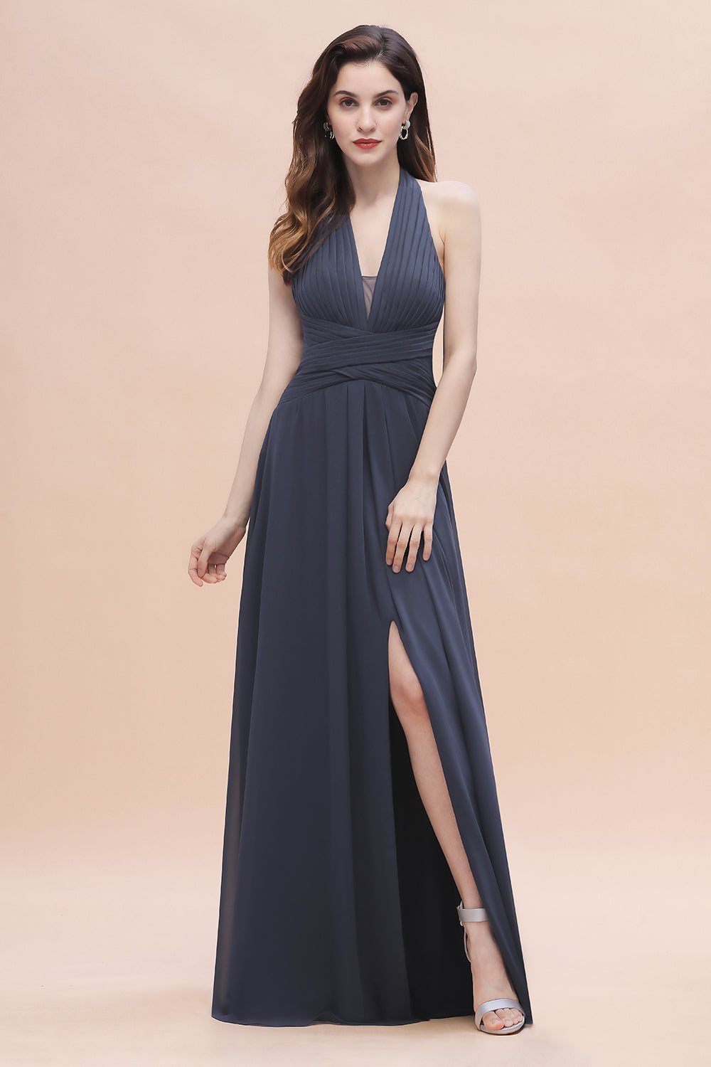 Sexy Halter Deep V-neck A-Line Chiffon Floor Length Bridesmaid Dress