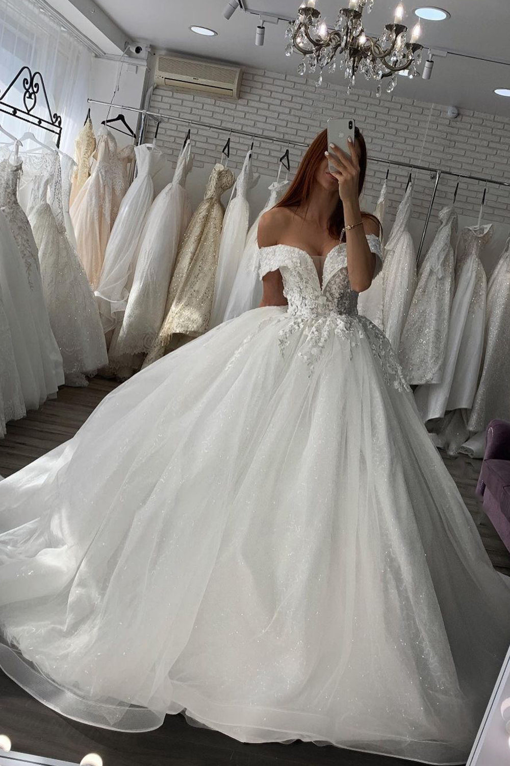 Shiny Long Ball Gown Off the Shoulder Tulle Lace Wedding Dresses