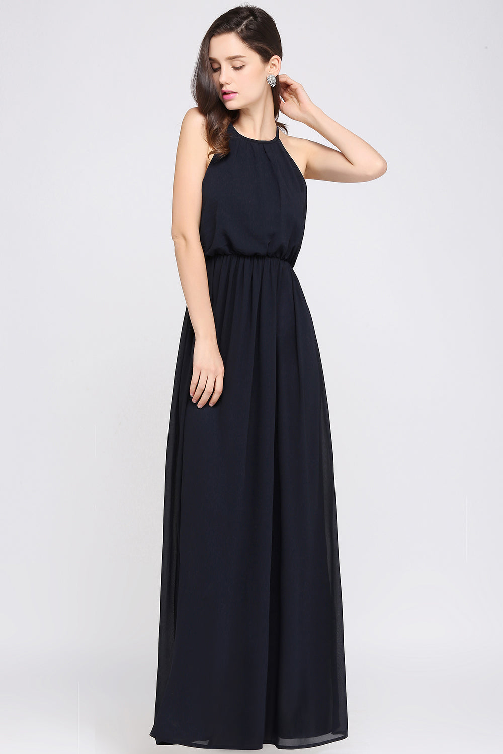 Simple A-Line Chiffon Halter Sleeveless Floor Length Bridesmaid Dresses