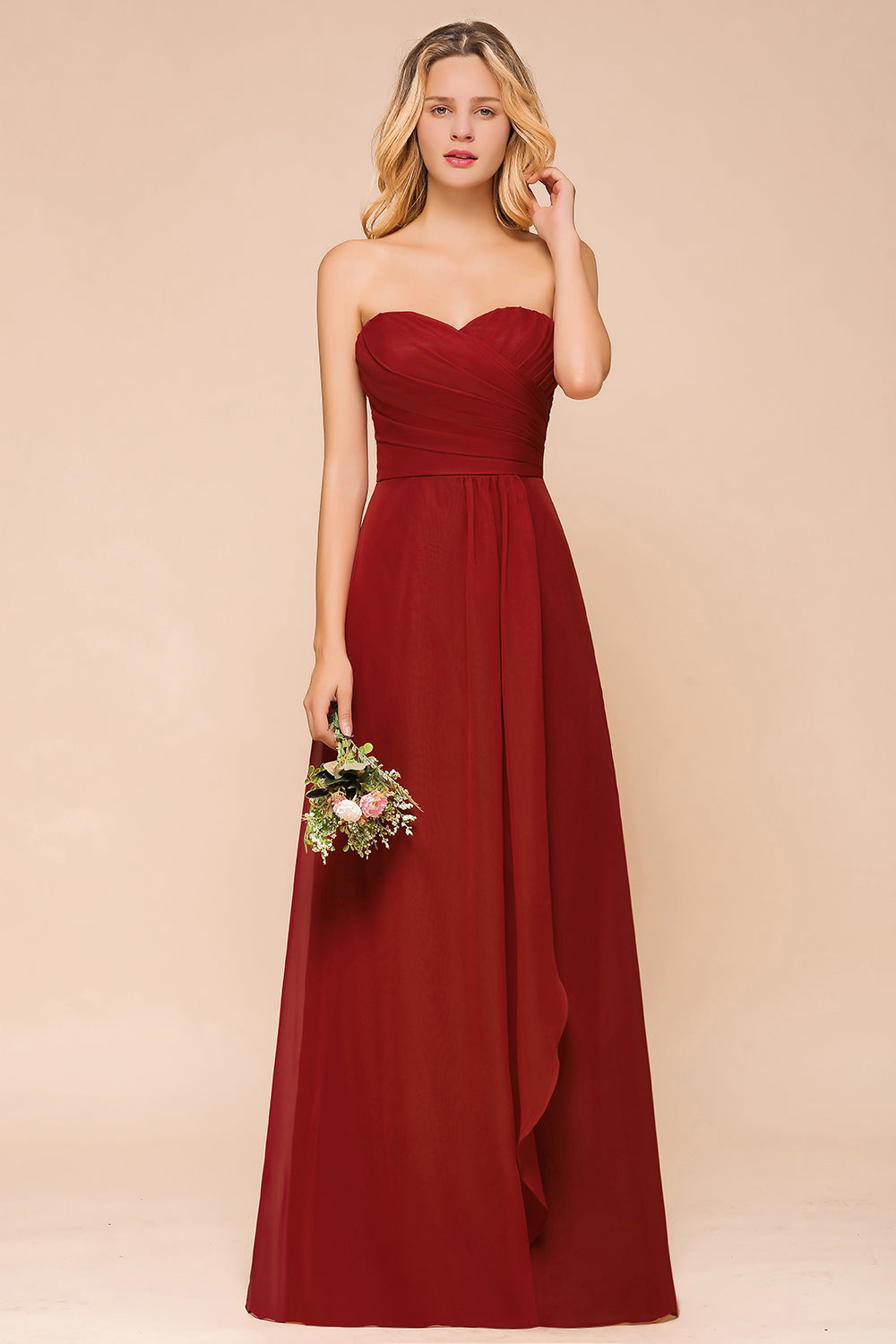 Simple A-Line Strapless Chiffon Backless Floor Length Bridesmaid Dress With Ruched