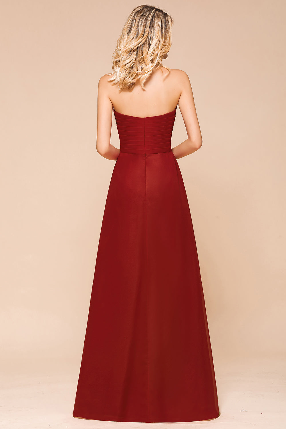 Simple A-Line Strapless Chiffon Backless Floor Length Bridesmaid Dress With Ruched