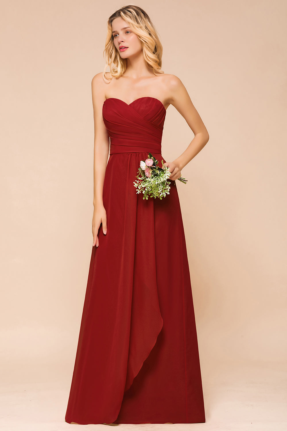 Simple A-Line Strapless Chiffon Backless Floor Length Bridesmaid Dress With Ruched