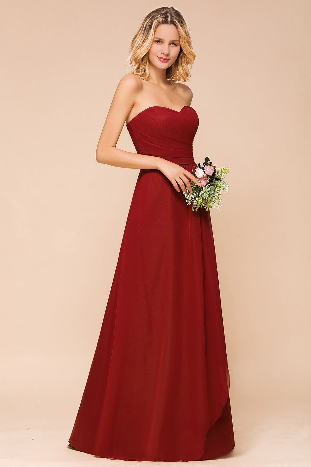 Simple A-Line Strapless Chiffon Backless Floor Length Bridesmaid Dress With Ruched
