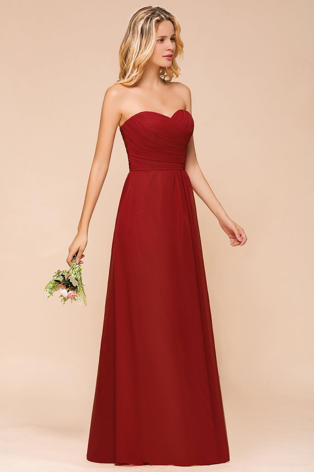 Simple A-Line Strapless Chiffon Backless Floor Length Bridesmaid Dress With Ruched