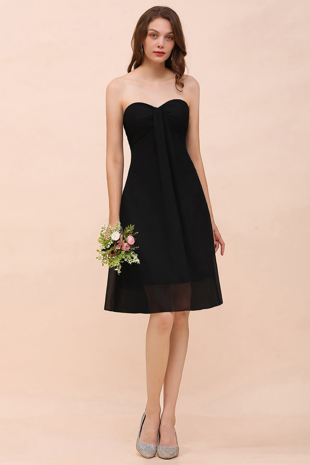 Simple Black Strapless A-line Knee-length Chiffon Backless Bridesmaid Dress
