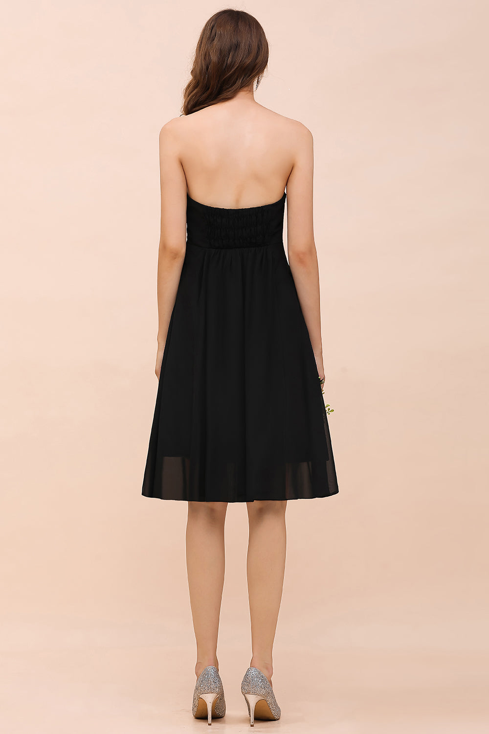 Simple Black Strapless A-line Knee-length Chiffon Backless Bridesmaid Dress