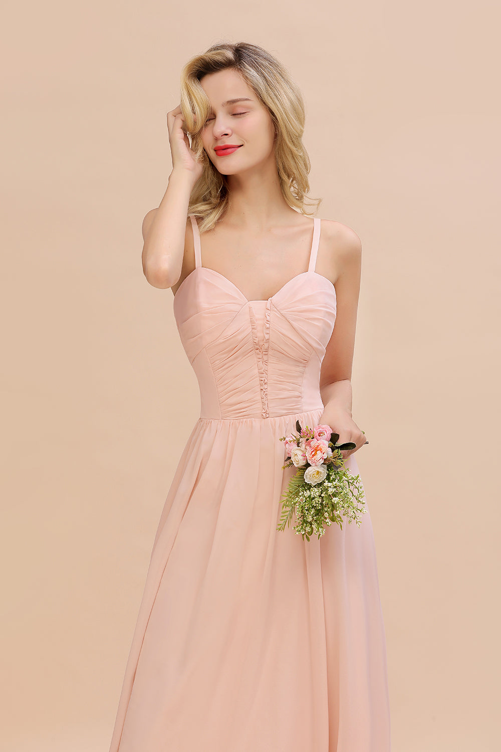 Simple Chiffon Straps Beadings Long Bridesmaid Dress